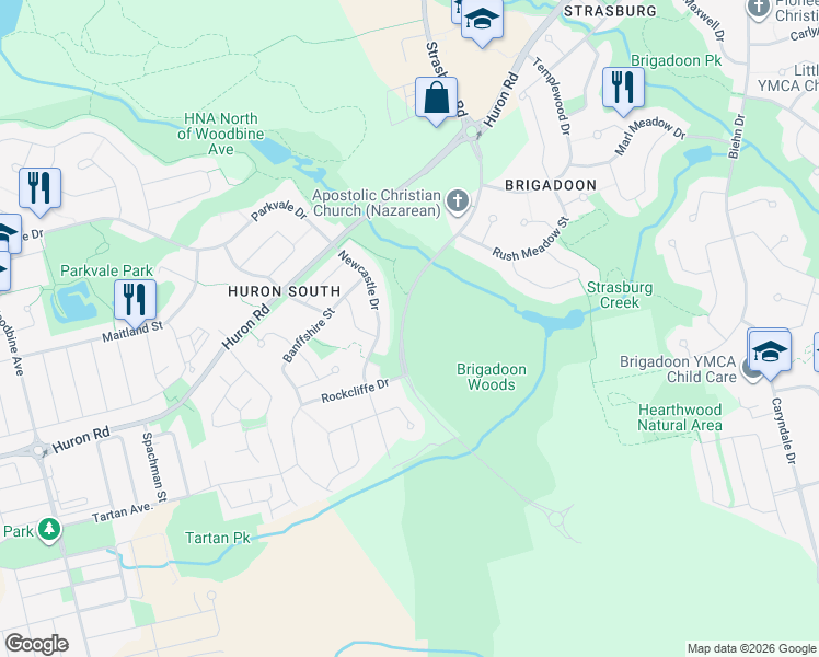 map of restaurants, bars, coffee shops, grocery stores, and more near 2139 Strasburg Road in Kitchener