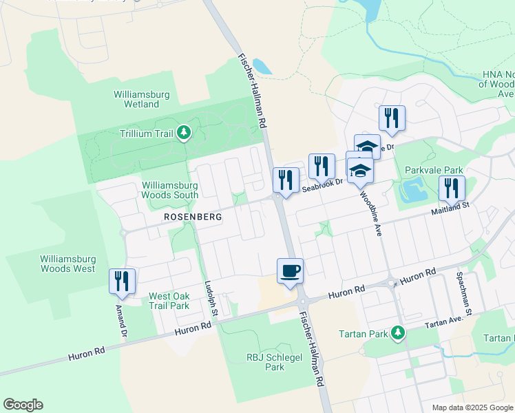 map of restaurants, bars, coffee shops, grocery stores, and more near 115 Glenvista Drive in Kitchener