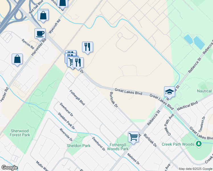 map of restaurants, bars, coffee shops, grocery stores, and more near 585 Michigan Drive in Oakville