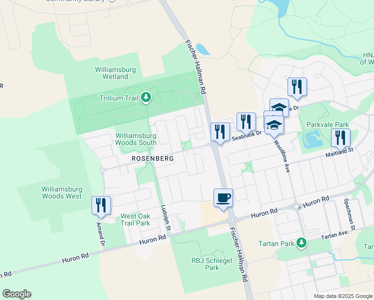 map of restaurants, bars, coffee shops, grocery stores, and more near Seabrook Drive in Kitchener