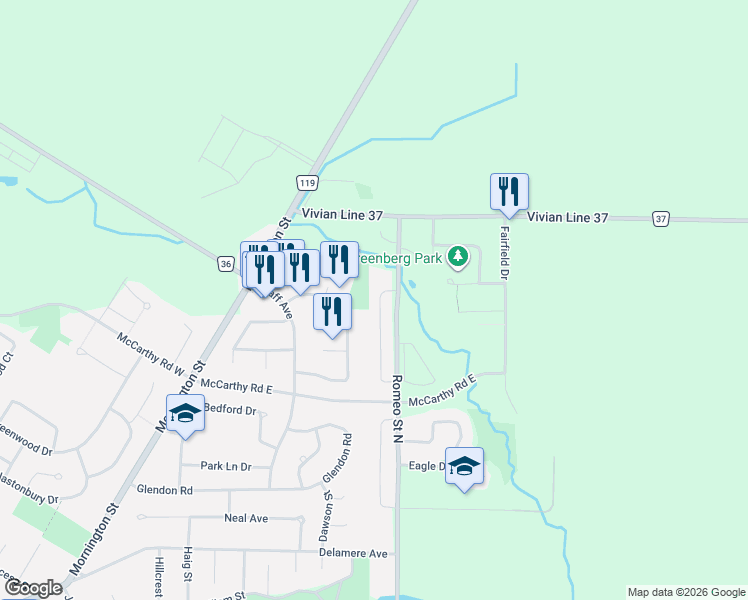map of restaurants, bars, coffee shops, grocery stores, and more near 98 Abraham Drive in Stratford