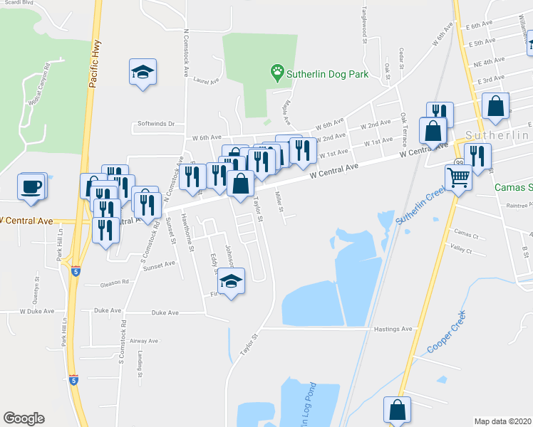 map of restaurants, bars, coffee shops, grocery stores, and more near 188 Taylor Street in Sutherlin
