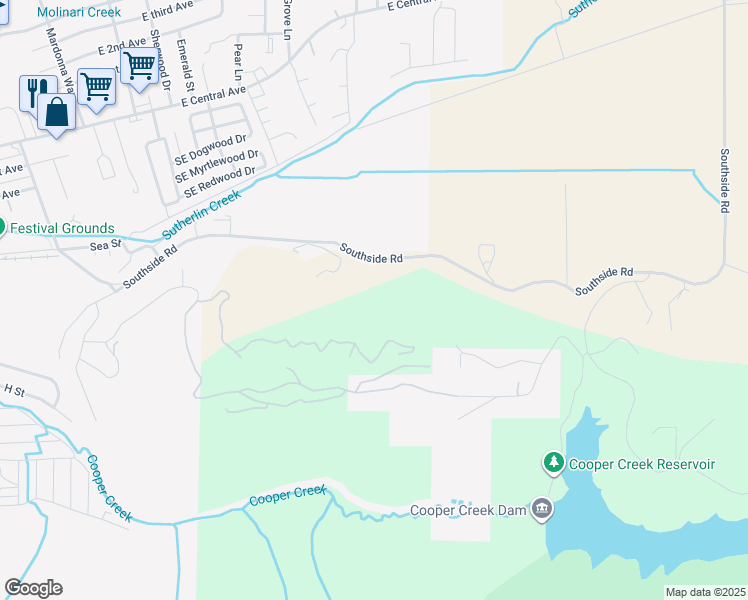 map of restaurants, bars, coffee shops, grocery stores, and more near 1614 Southside Road in Sutherlin