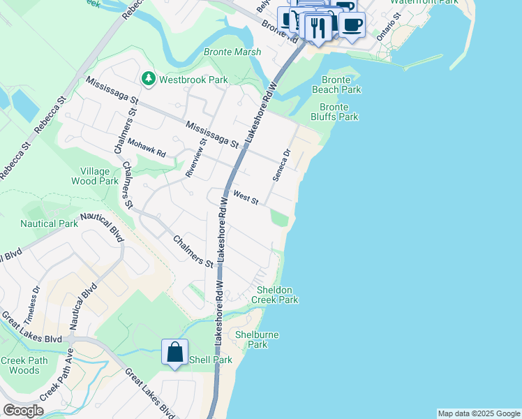 map of restaurants, bars, coffee shops, grocery stores, and more near 48 West Street in Oakville