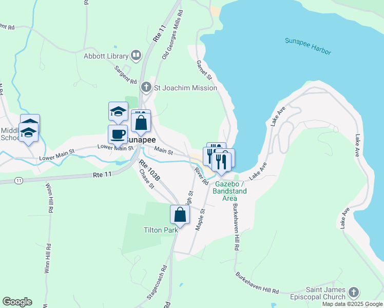 map of restaurants, bars, coffee shops, grocery stores, and more near 38 Main Street in Sunapee