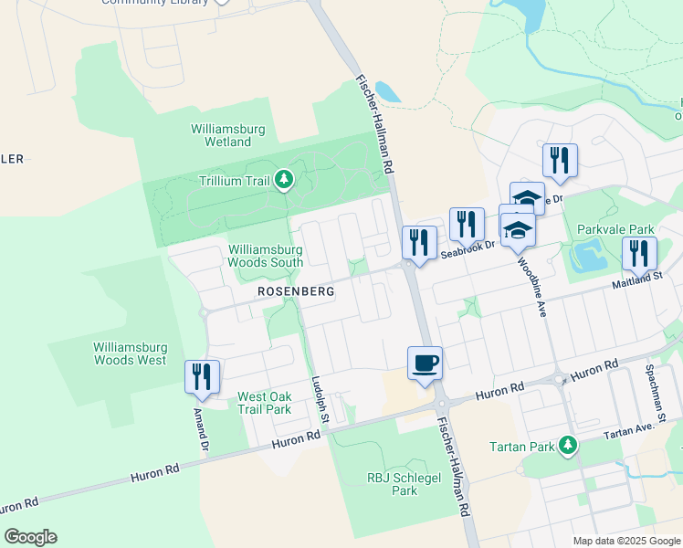 map of restaurants, bars, coffee shops, grocery stores, and more near 213 Pineglen Crescent in Kitchener
