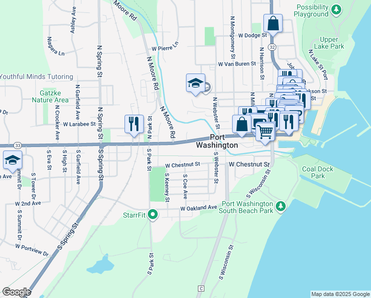 map of restaurants, bars, coffee shops, grocery stores, and more near 514 West Chestnut Street in Port Washington