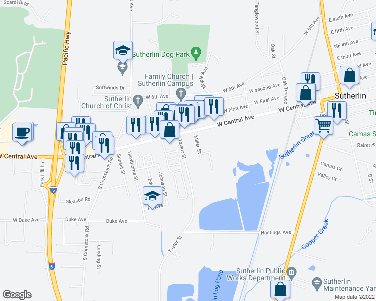 map of restaurants, bars, coffee shops, grocery stores, and more near 184 Taylor Street in Sutherlin