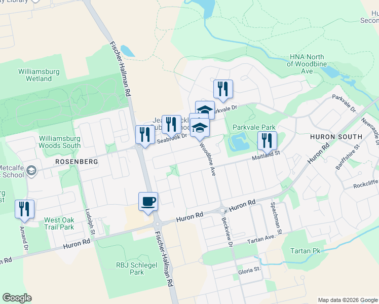 map of restaurants, bars, coffee shops, grocery stores, and more near 39 Sophia Crescent in Kitchener