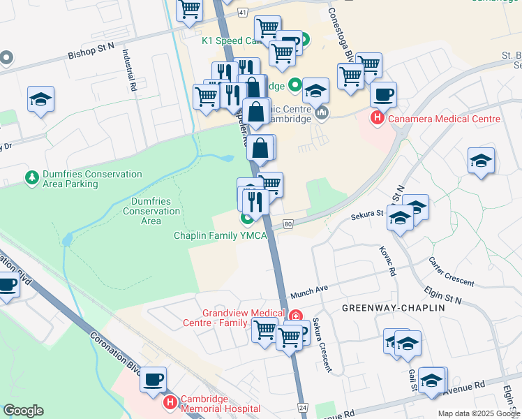 map of restaurants, bars, coffee shops, grocery stores, and more near 258 Hespeler Road in Cambridge