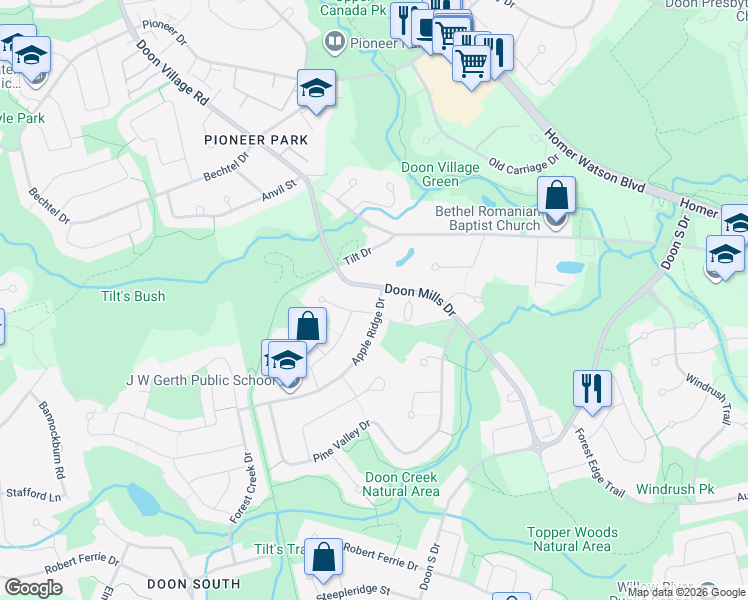 map of restaurants, bars, coffee shops, grocery stores, and more near 80 Woodfield Street in Kitchener