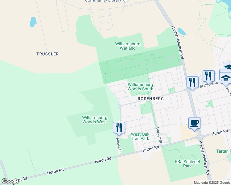 map of restaurants, bars, coffee shops, grocery stores, and more near Shady Glen Crescent in Kitchener