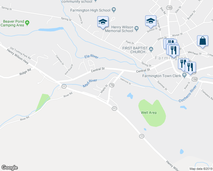 map of restaurants, bars, coffee shops, grocery stores, and more near 45 Maple Street in Farmington