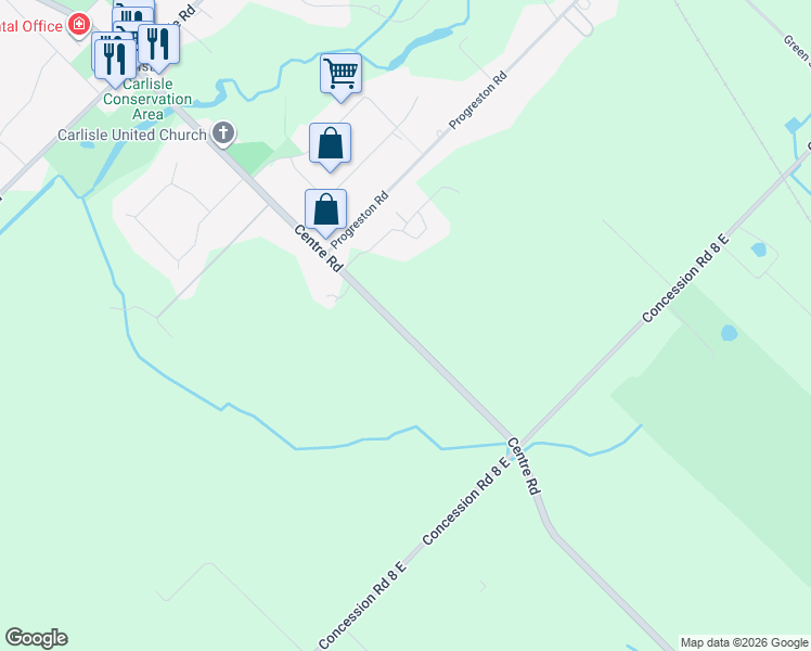 map of restaurants, bars, coffee shops, grocery stores, and more near 1366 Centre Road in Hamilton