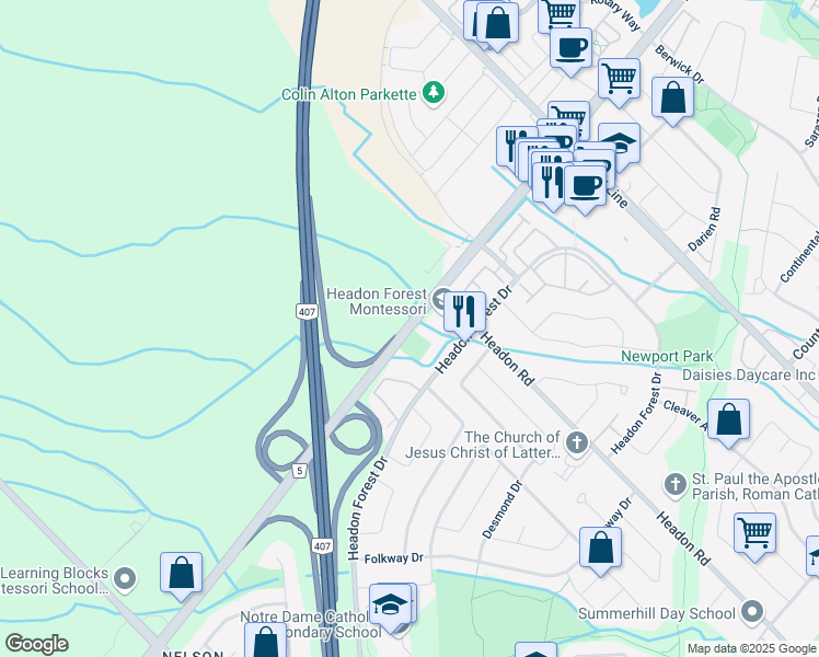 map of restaurants, bars, coffee shops, grocery stores, and more near Dundas Street in Burlington