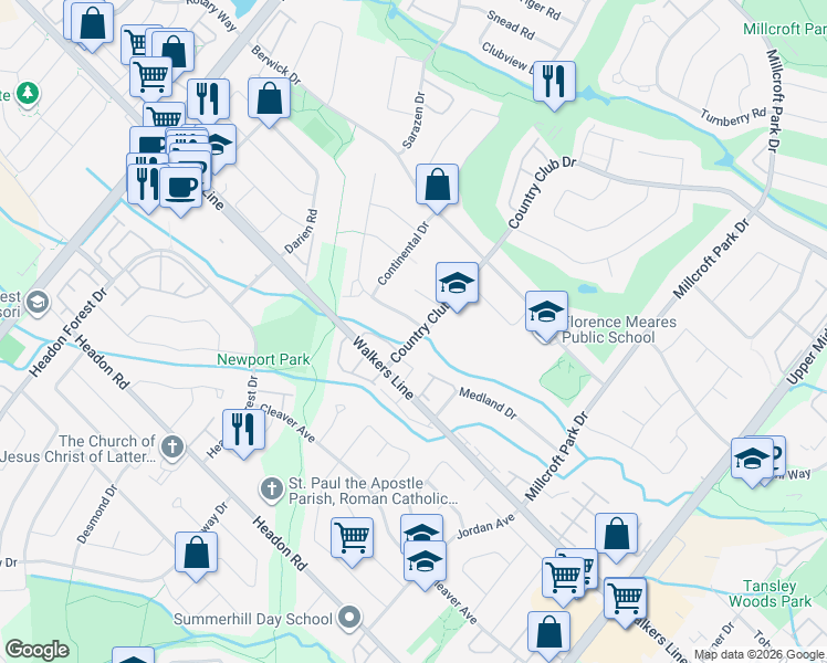 map of restaurants, bars, coffee shops, grocery stores, and more near 2136 Greenway Terrace in Burlington