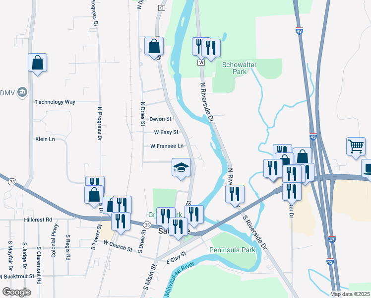 map of restaurants, bars, coffee shops, grocery stores, and more near 101 West Fransee Lane in Saukville