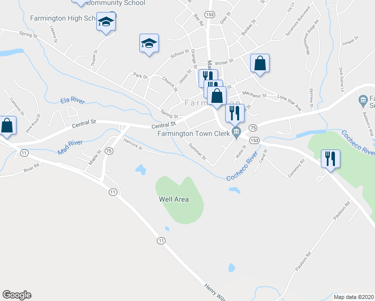 map of restaurants, bars, coffee shops, grocery stores, and more near 15 Summer Street in Farmington