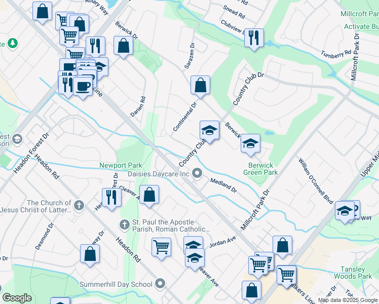 map of restaurants, bars, coffee shops, grocery stores, and more near 2136 Greenway Terrace in Burlington