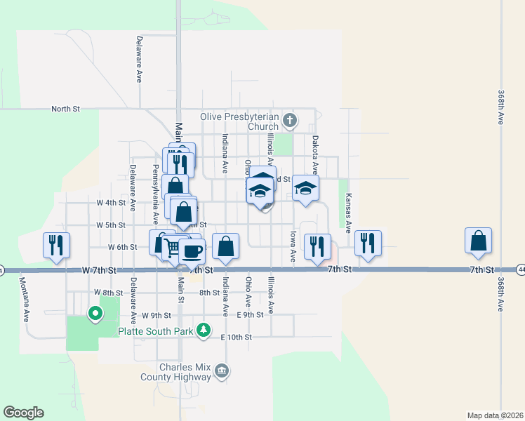 map of restaurants, bars, coffee shops, grocery stores, and more near 300-398 Illinois Avenue in Platte