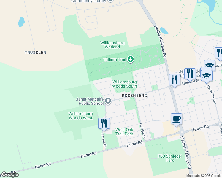map of restaurants, bars, coffee shops, grocery stores, and more near 273 Shady Glen Crescent in Kitchener