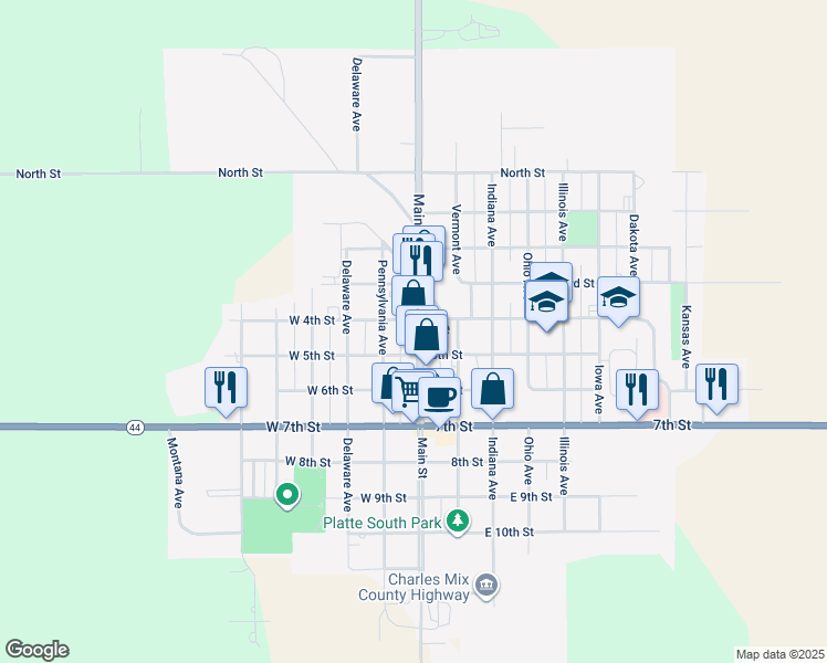 map of restaurants, bars, coffee shops, grocery stores, and more near 404 Main Street in Platte