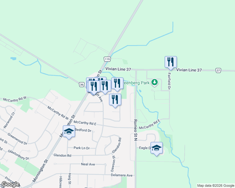 map of restaurants, bars, coffee shops, grocery stores, and more near 192 Kemp Crescent in Stratford