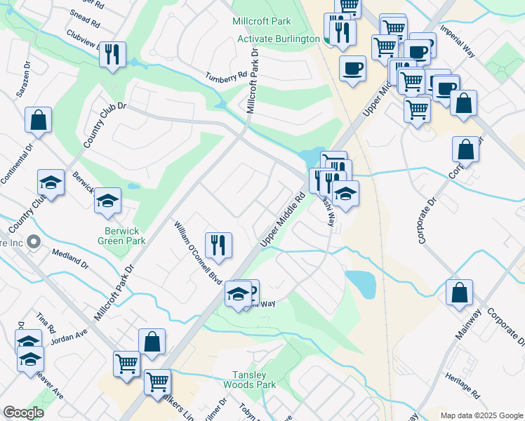 map of restaurants, bars, coffee shops, grocery stores, and more near 2022 Atkinson Drive in Burlington