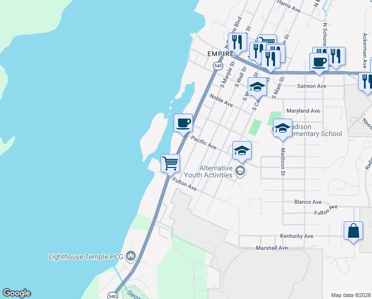 map of restaurants, bars, coffee shops, grocery stores, and more near 520 South Empire Boulevard in Coos Bay