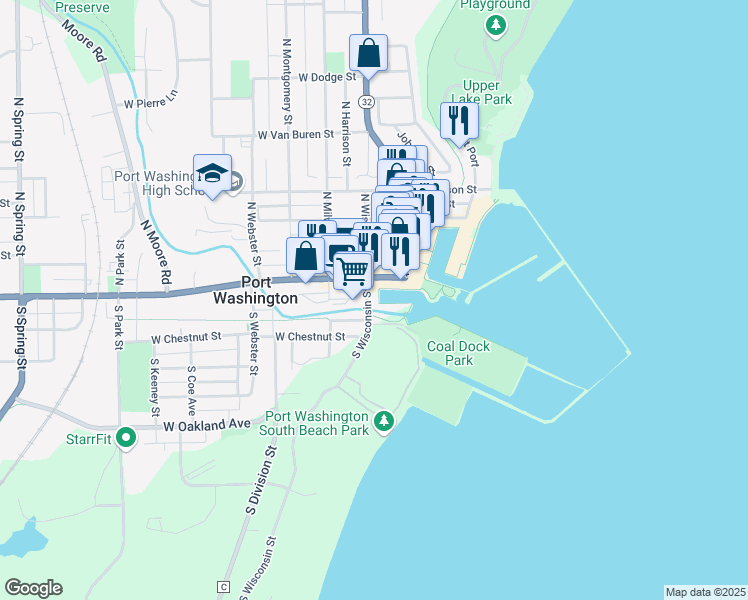 map of restaurants, bars, coffee shops, grocery stores, and more near 110 East Grand Avenue in Port Washington