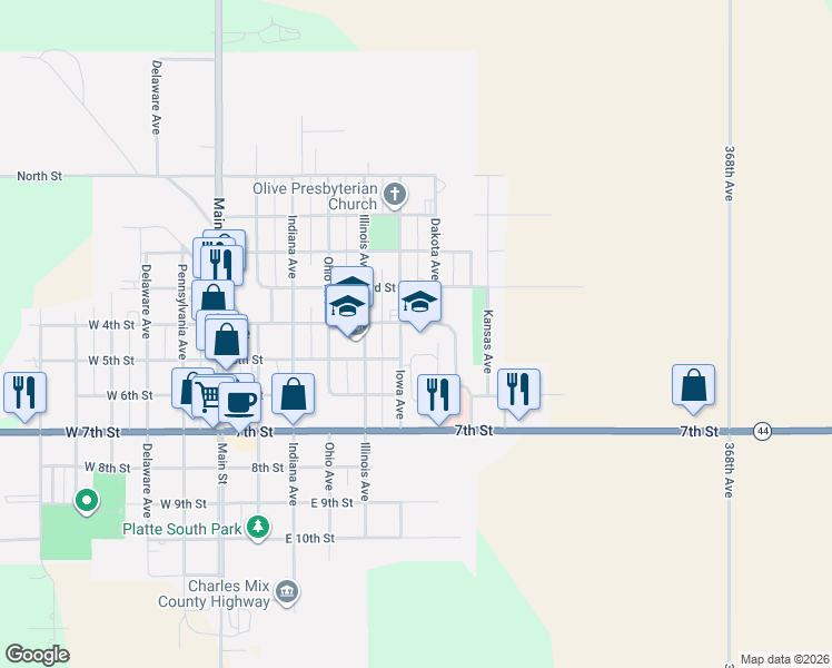 map of restaurants, bars, coffee shops, grocery stores, and more near 300-398 Dakota Avenue in Platte