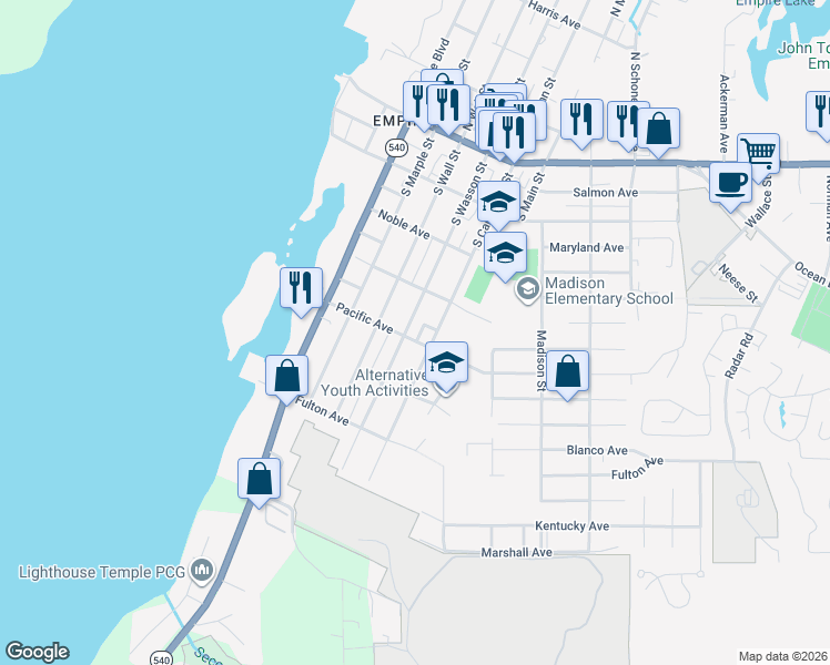 map of restaurants, bars, coffee shops, grocery stores, and more near 435 South Wasson Street in Coos Bay