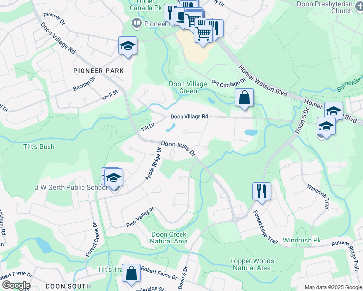 map of restaurants, bars, coffee shops, grocery stores, and more near Doon Mills Drive in Kitchener