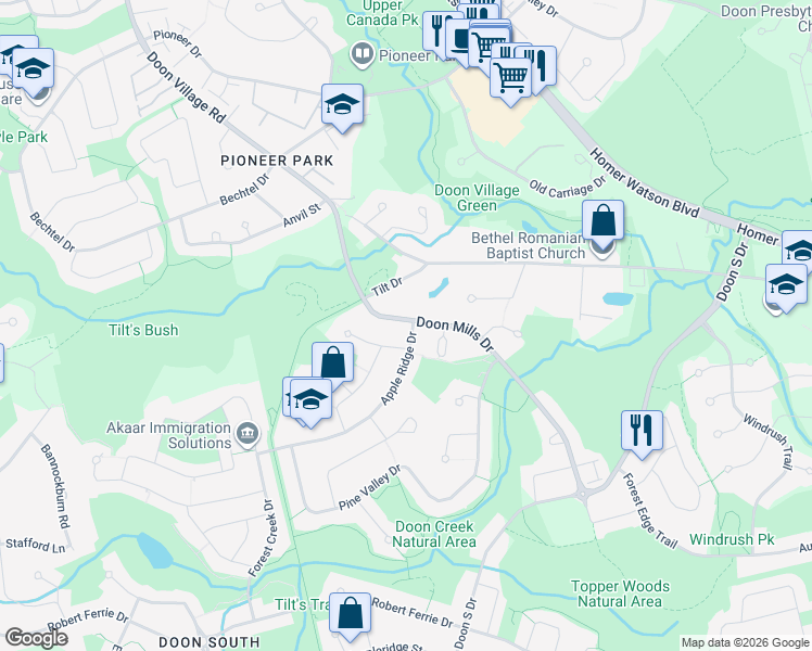 map of restaurants, bars, coffee shops, grocery stores, and more near 3 Apple Ridge Drive in Kitchener