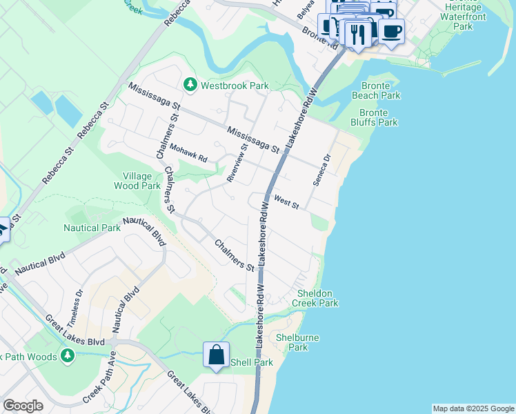 map of restaurants, bars, coffee shops, grocery stores, and more near 3171 Lakeshore Road West in Oakville