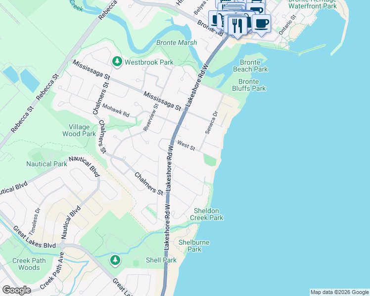map of restaurants, bars, coffee shops, grocery stores, and more near 83 West Street in Oakville