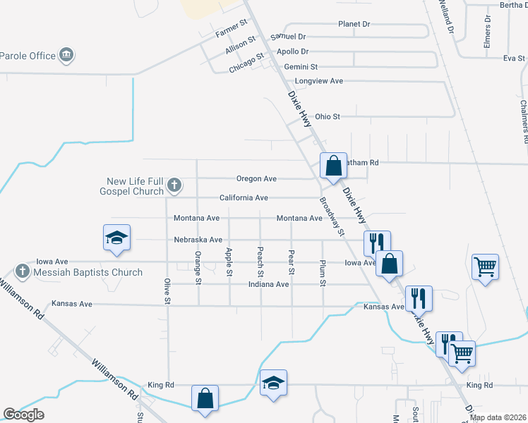 map of restaurants, bars, coffee shops, grocery stores, and more near 2360 California Avenue in Saginaw