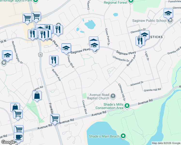 map of restaurants, bars, coffee shops, grocery stores, and more near 111 Hume Drive in Cambridge
