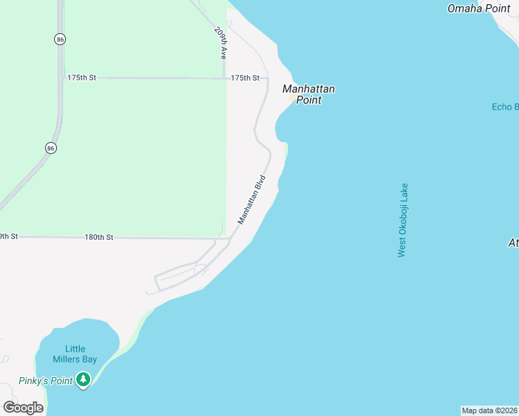 map of restaurants, bars, coffee shops, grocery stores, and more near 2115 Manhattan Blvd in Spirit Lake