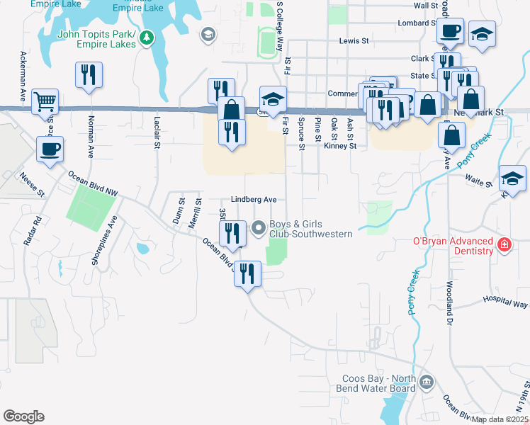 map of restaurants, bars, coffee shops, grocery stores, and more near 2790 32nd Street in Coos Bay