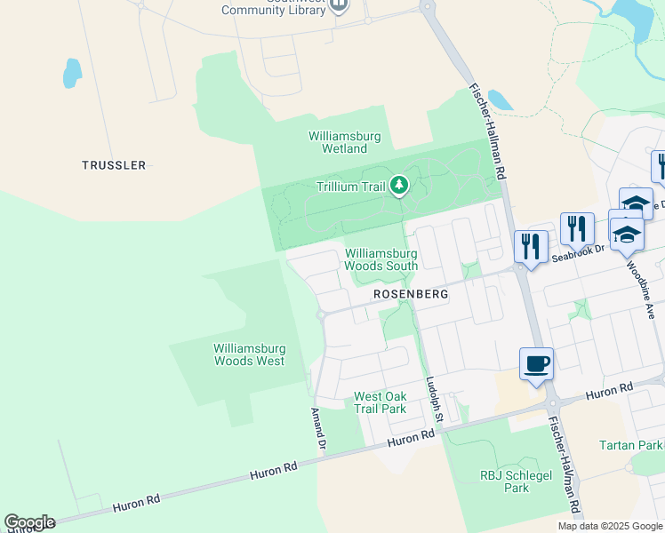 map of restaurants, bars, coffee shops, grocery stores, and more near 273 Shady Glen Crescent in Kitchener