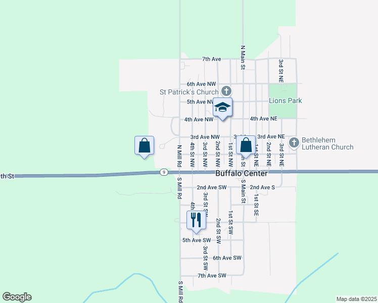 map of restaurants, bars, coffee shops, grocery stores, and more near 201 4th Street Northwest in Buffalo Center