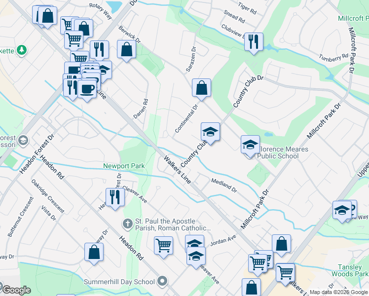 map of restaurants, bars, coffee shops, grocery stores, and more near 2148 Greenway Terrace in Burlington