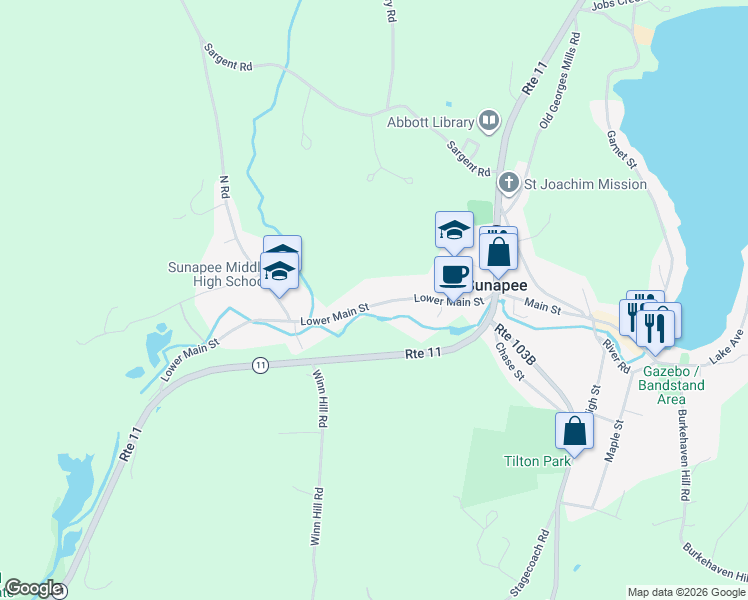 map of restaurants, bars, coffee shops, grocery stores, and more near 52 Lower Main Street in Sunapee