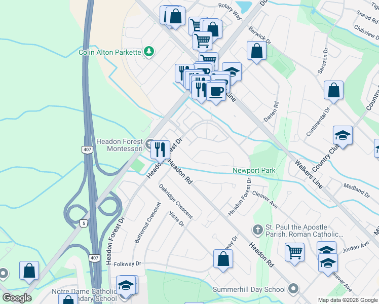 map of restaurants, bars, coffee shops, grocery stores, and more near 2485 Newport Street in Burlington