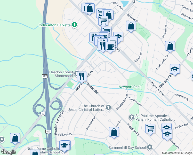 map of restaurants, bars, coffee shops, grocery stores, and more near 2485 Newport Street in Burlington