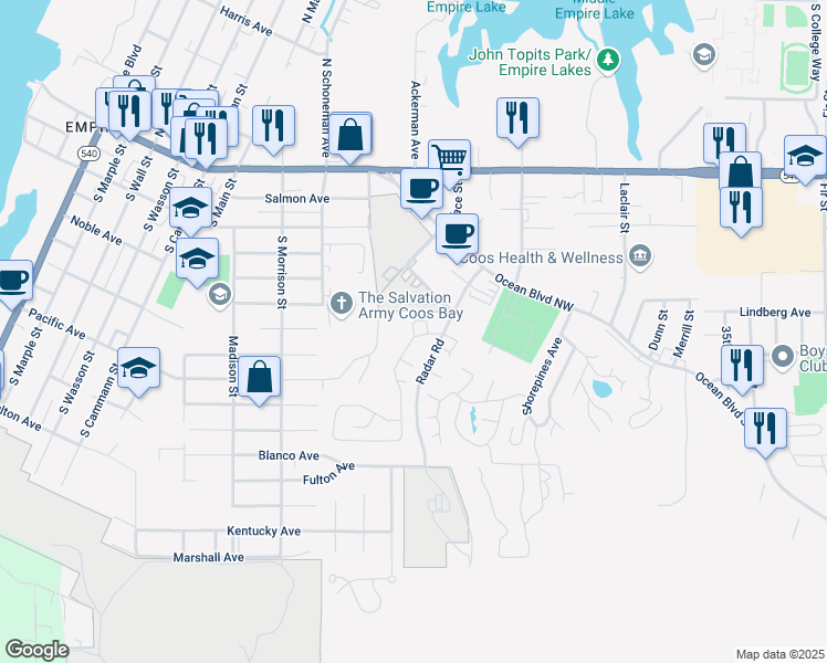 map of restaurants, bars, coffee shops, grocery stores, and more near 528 Puerto Vista Drive in Coos Bay