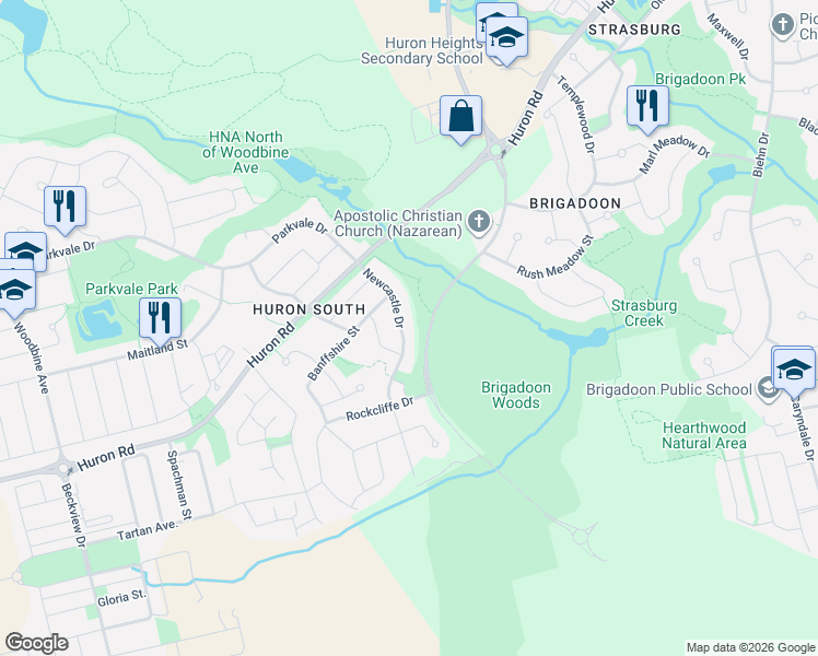 map of restaurants, bars, coffee shops, grocery stores, and more near 87 Newcastle Drive in Kitchener