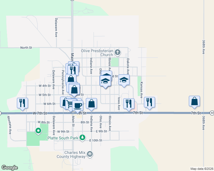 map of restaurants, bars, coffee shops, grocery stores, and more near 400 Illinois Avenue in Platte