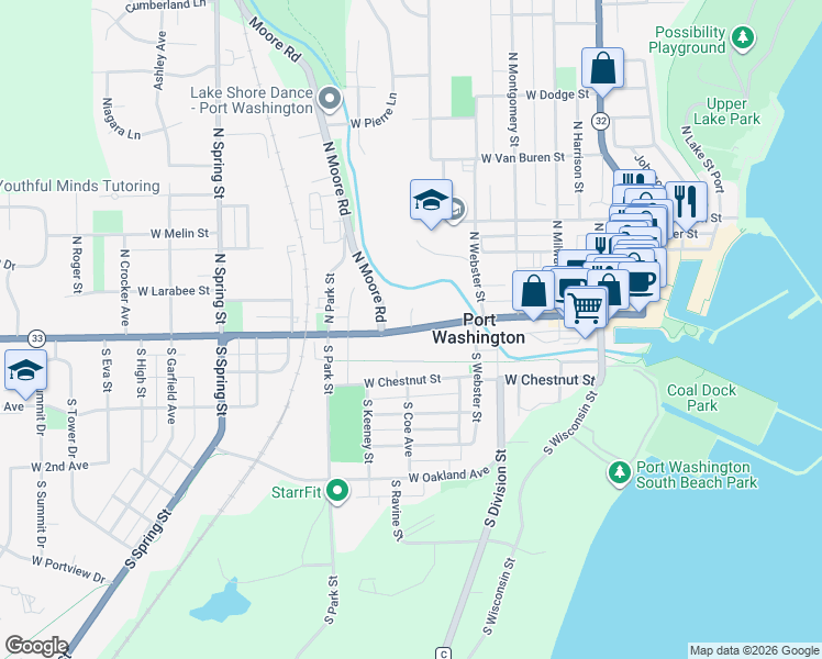 map of restaurants, bars, coffee shops, grocery stores, and more near 469 West Grand Avenue in Port Washington